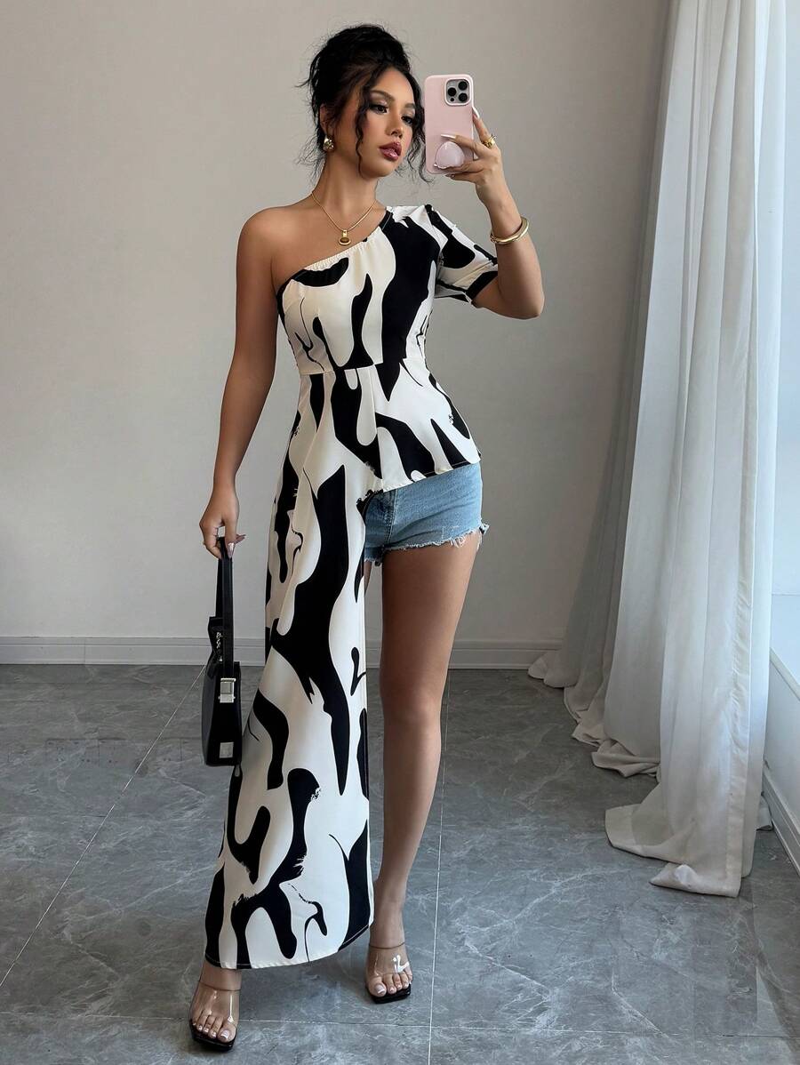 Elenzga Women's Elegant, Fashionable, Commute And Vacation Casual Asymmetric Shoulder Neck And Hem Printed Shirt (Random Print)