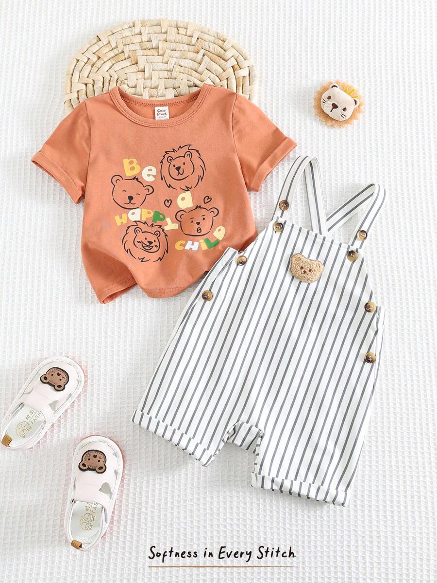 Cozy Pixies Set de 2 piezas para bebé niño: Top de manga corta de cuello redondo suave con estampado de oso de dibujos animados y peto corto tipo tirantes