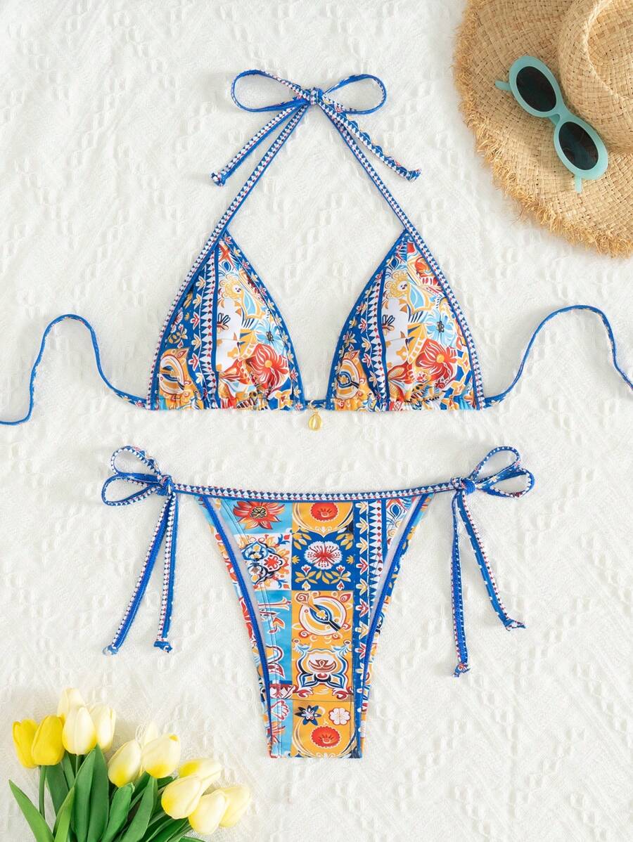 SHEIN Swim Geometryczny i kwiatowy nadruk Halter Naszyjnik z dekoracją ze złotej muszli Bikini Set, na letnie wakacje