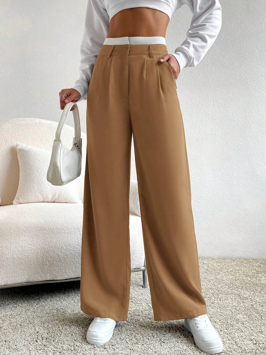 SHEIN EZwear Spring Dress PantsHigh Waist Plicated Detail Wide Leg Suit Pants