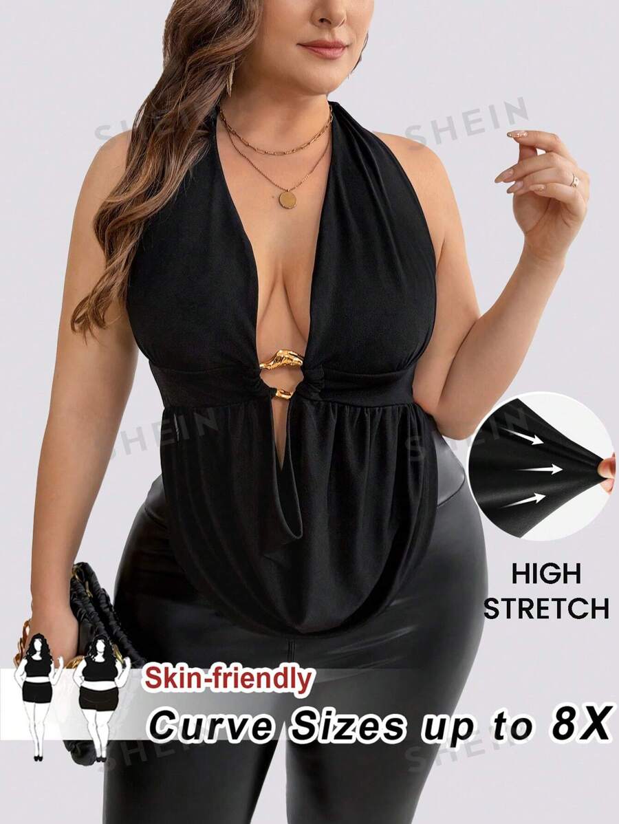 SHEIN CURVE+ Blusa sin mangas elegante y sexy con escote en V profundo, espalda descubierta y adorno metálico para mujer de tallas grandes