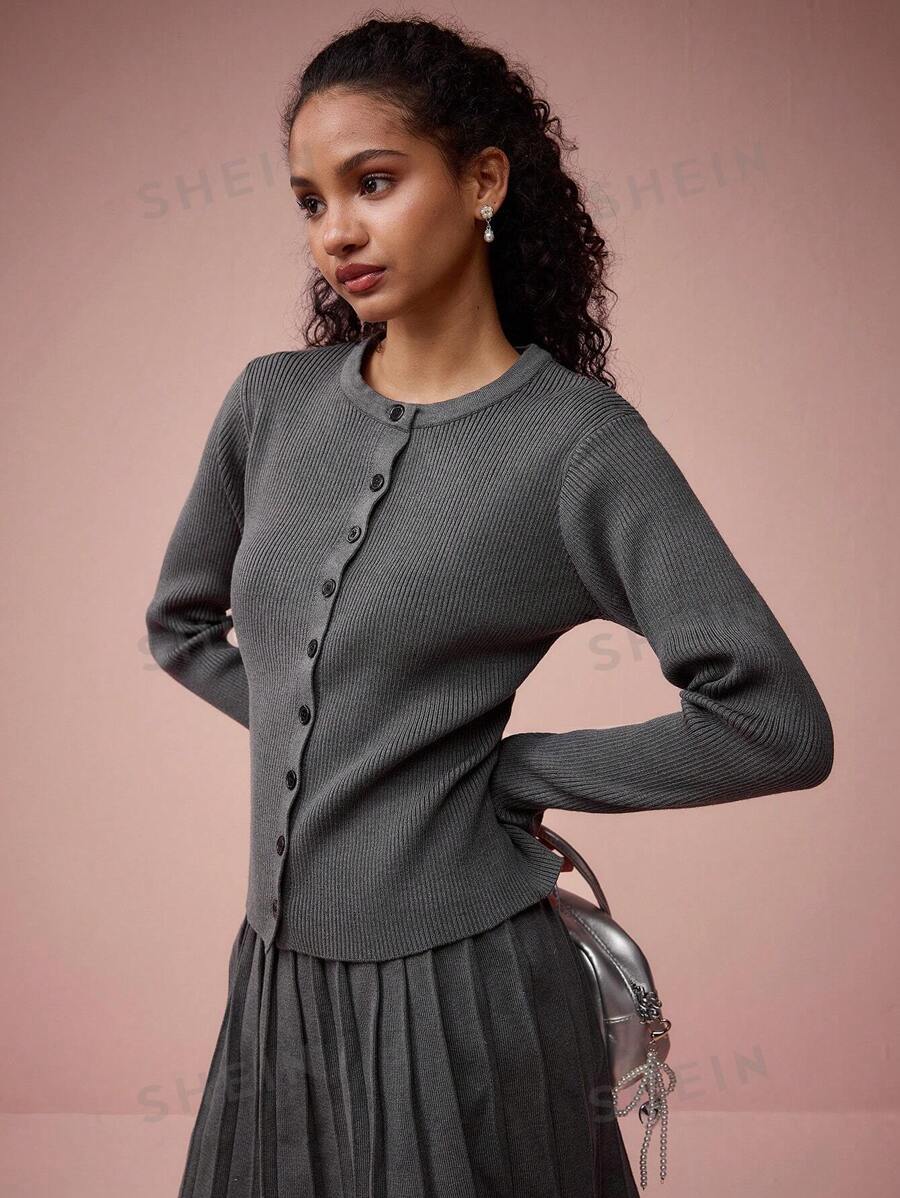 Enchnt Cárdigan casual de un solo abotonadura de color liso y manga larga para mujer, apto para otoño/invierno