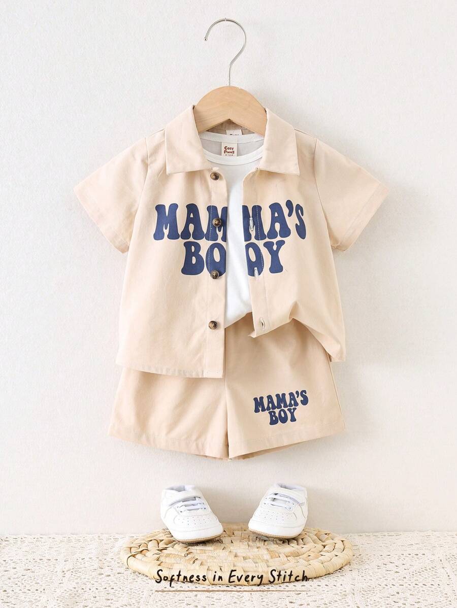 Cozy Pixies Baby Boy 3pcs Set: Letter Print Lapel Short Sleeve Shirt , Solid Color Soft Knit Short Sleeve T-Shirt, Elastic Waist Shorts