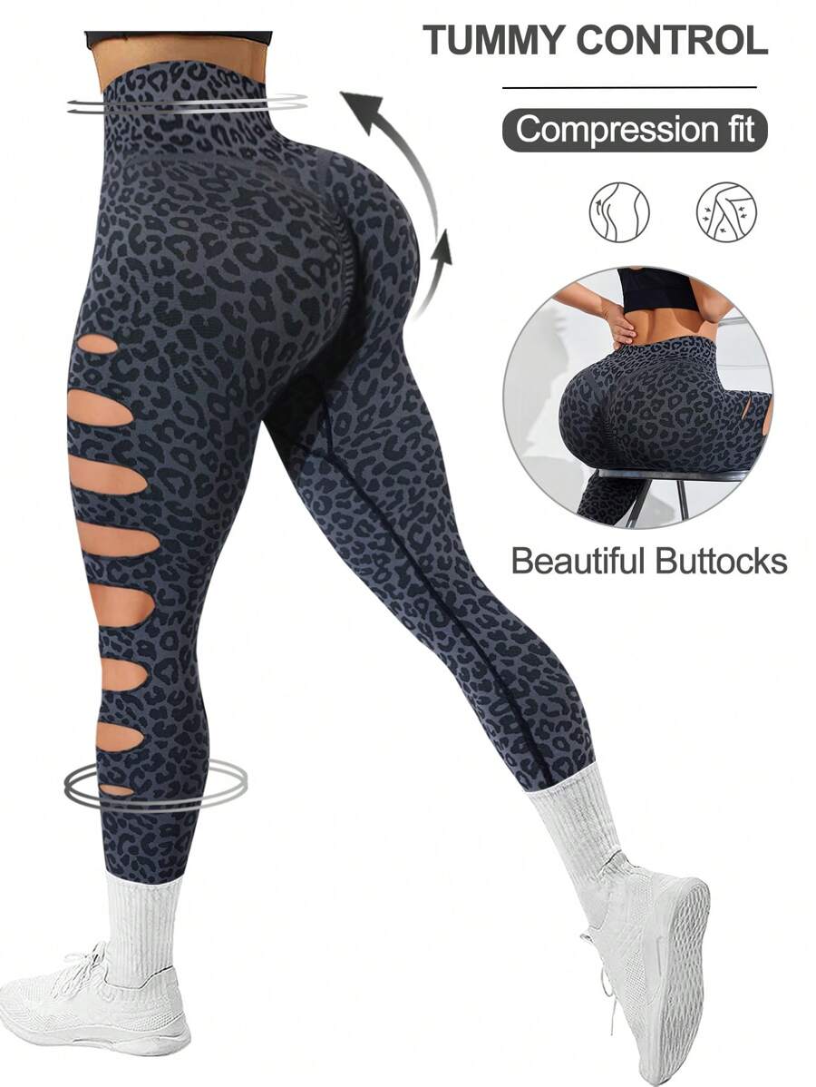 Slayoga 1 pezzo Leggings corti e strappati con stampa leopardata per la corsa