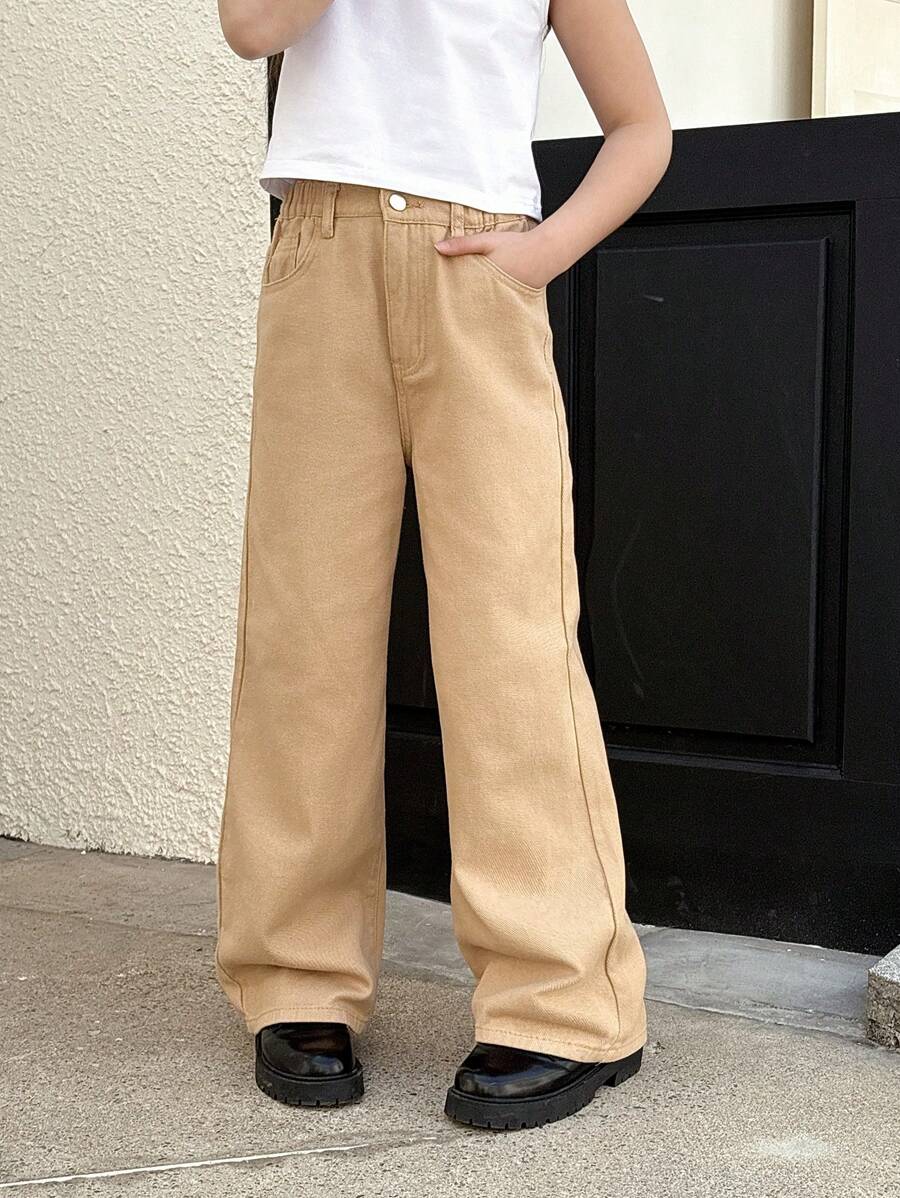 SHEIN Jeans básicos informales de pierna ancha 3/4 de color blanco para niñas