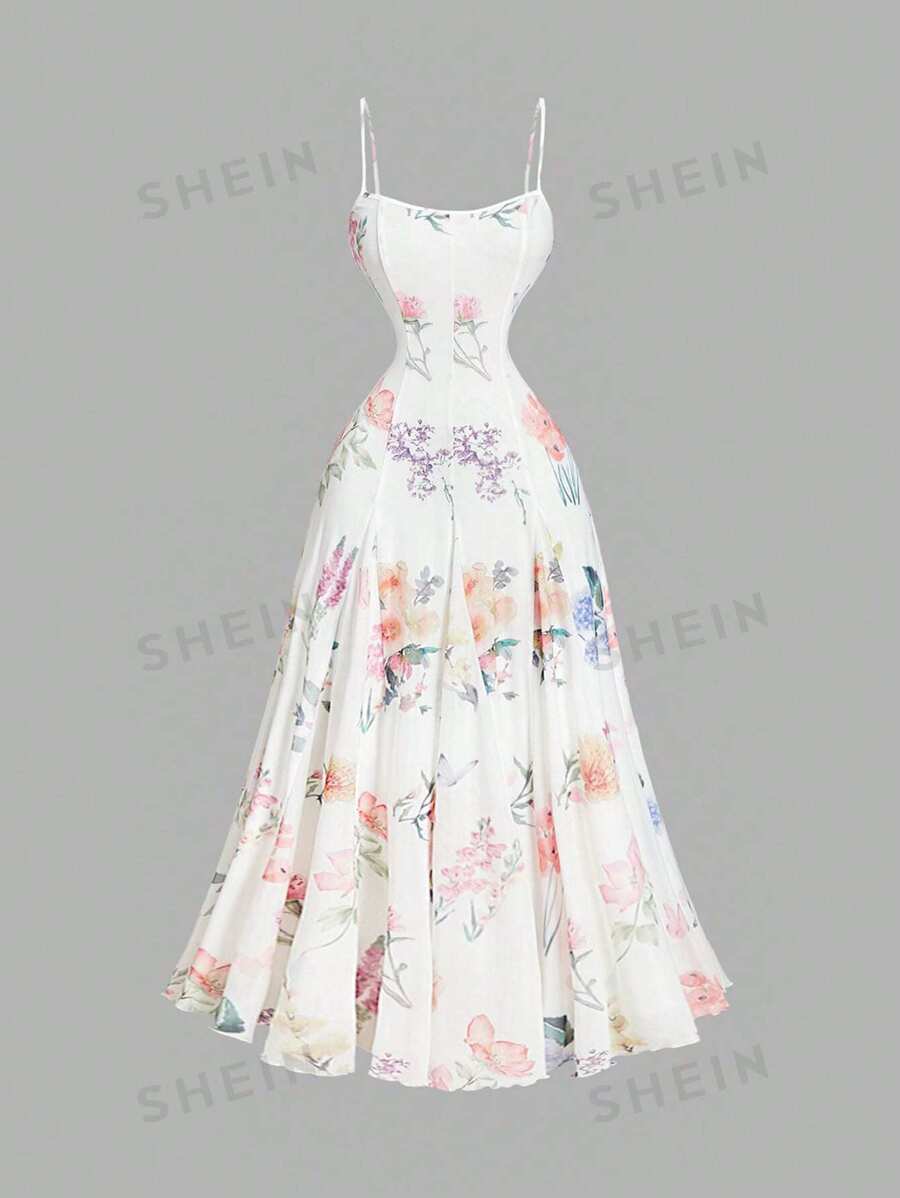 SHEIN MOD Vestido largo con estampado floral romántico para mujer, atuendo de vacaciones, ropa de verano para mujer, vestimenta occidental para mujer, atuendo campestre, ropa de playa de vacaciones, blusas de primavera, vestido bohemio para mujer
