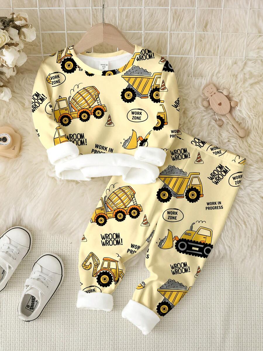 SHEIN Young Boy Casual Minimalist Snug Fit Long Sleeve Crew Neck Top And Pants Loungewear Set