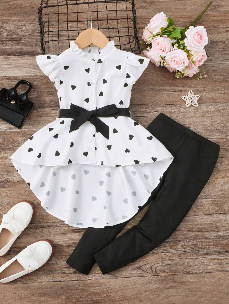 SHEIN Young Girl Heart Printed High Low Shirt With Leggings Set