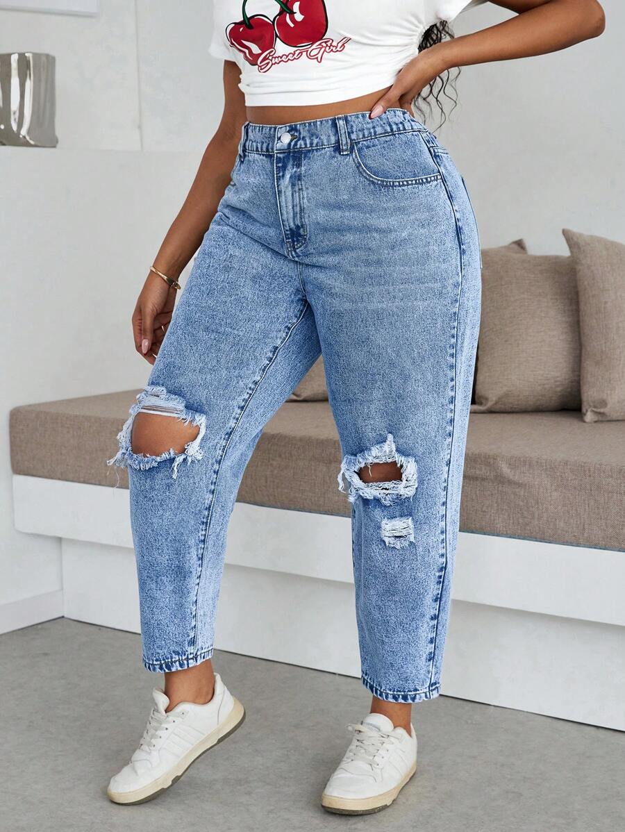 Dripcurv Plus Size Loose Fit Ripped Tapered 7/8 Length Jeans, Blue,Plus Size Tapered 7/8 Length Relaxed Fit Jeans Women High Waist Plicated Detail Roll Hem Pants S Casual Commuter Pants,Women's Plus Size Blue Jeans Elastic Waistband Overalls Summer Jeans Casual Street Wear, Summer / Summer Outfits / Summer Clothes