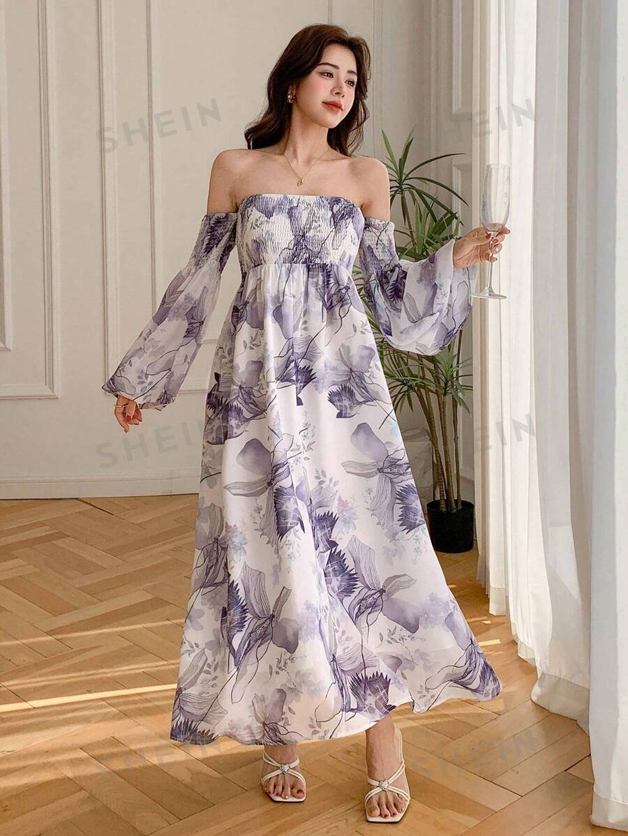 DAZY Vestido midi con estampado floral y escote hombros descubiertos para mujeres