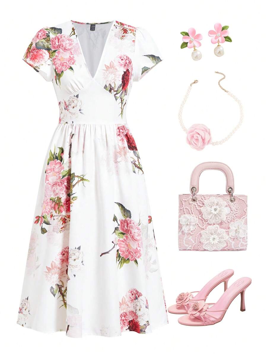 Ellevyn Robe midi évasée à imprimé floral avec col en V élégant pour femmes, avec ceinture, convient pour les vacances de printemps/été
