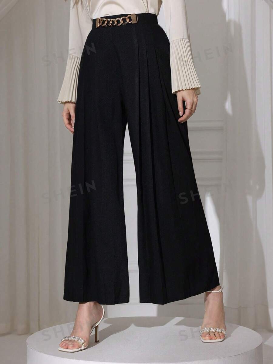 Modelyn Pantalones anchos y elegantes con decoración de cadena en la cintura para mujer