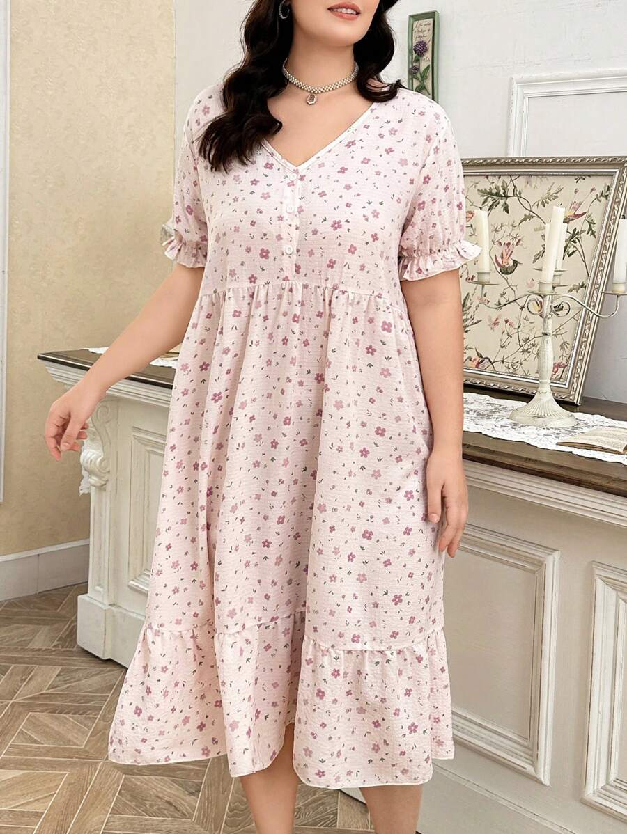 Plus Size Ditsy Floral V-Neck Plus Size Sleepshirt