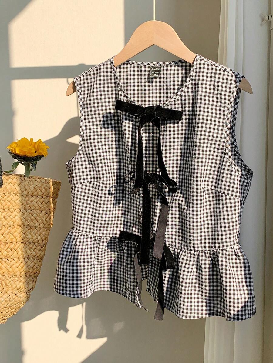 Comfortcana Camisa sin mangas a cuadros blanca y negra con botones para mujer