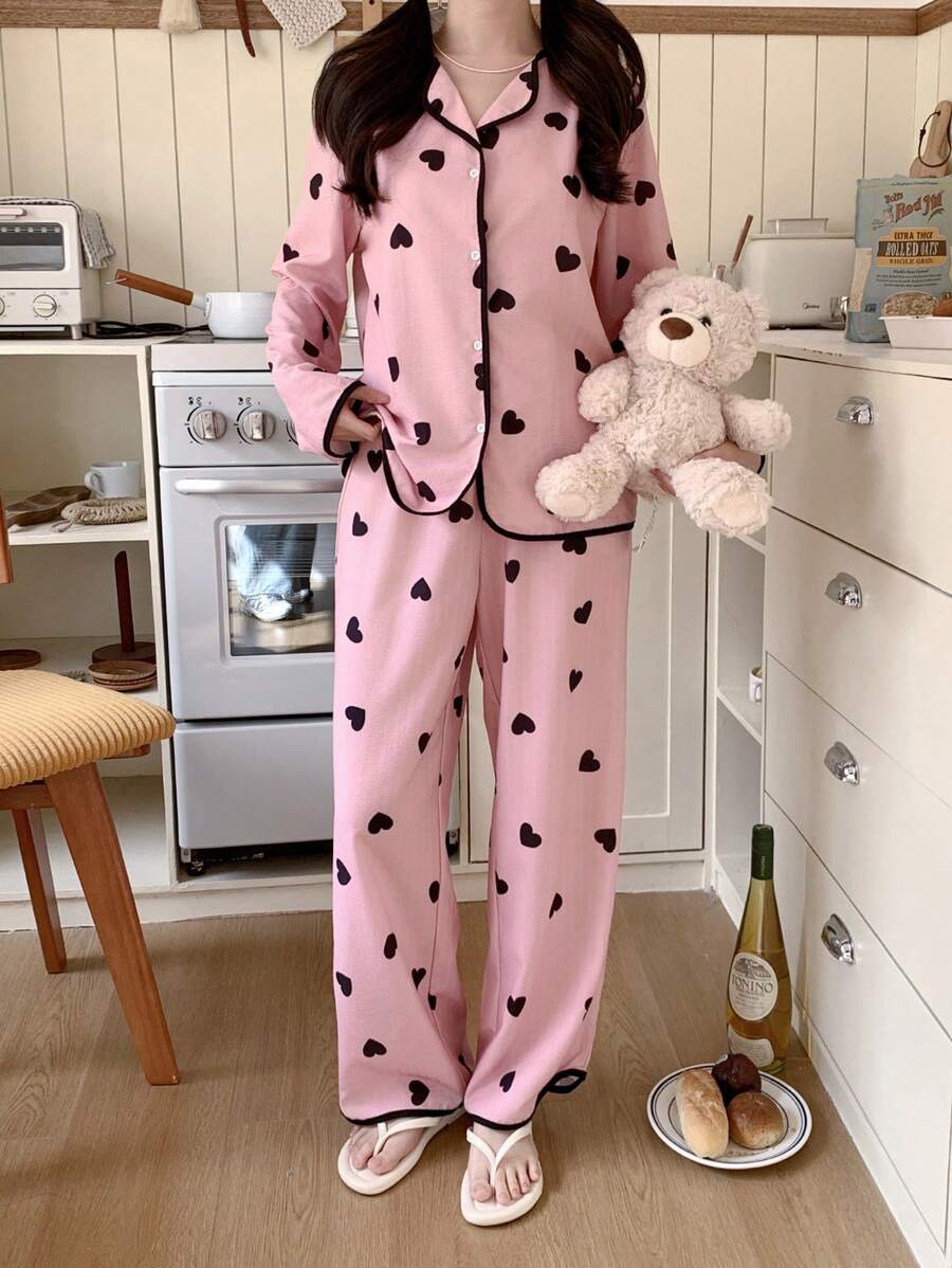 SHEIN 2 pièces Ensemble de pyjama de détente et confortable, Top à manches longues à ouverture avant avec imprimé cœur minimaliste et doux, et pantalon droit pour adolescentes