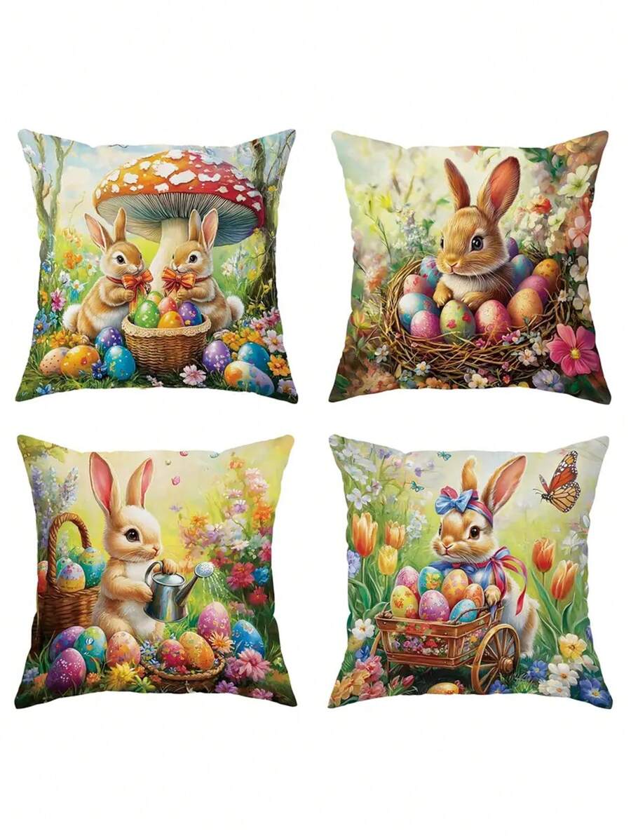 4 peças decoração de Páscoa coelho coelho ovo de Páscoa floral tulipa veludo capas de almofadas, bonito engraçado marrom laranja verde fronhas decorativas, para primavera casa sala de estar quarto sofá cama decoração, sem inserções de almofadas
