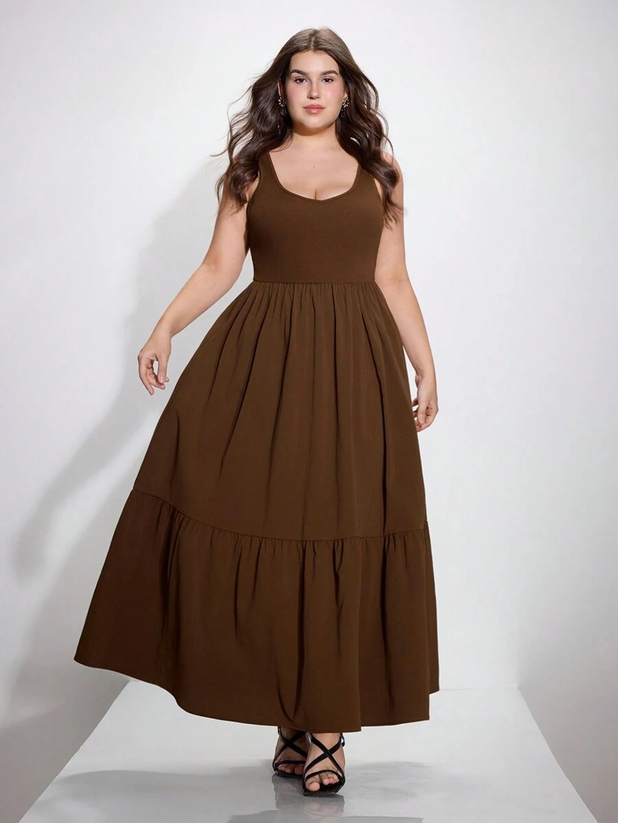 SHEIN MOD Vestido casual largo con estilo de resort vintage color marrón para tallas grandes, vestido de primavera y verano