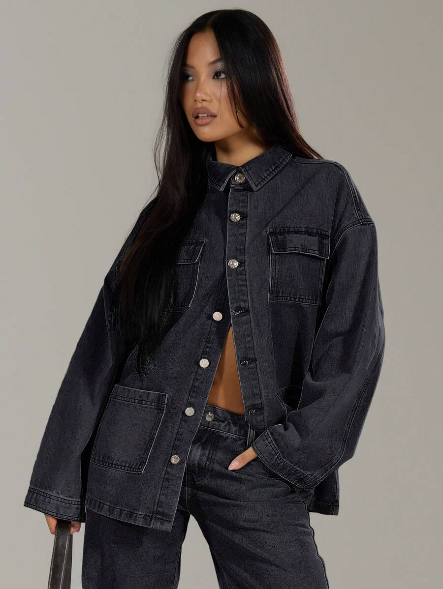MUSERA Gewassen denim jas met zakken, lente 90's Y2k Streetwear Casual Western Concert Festival Vakantie