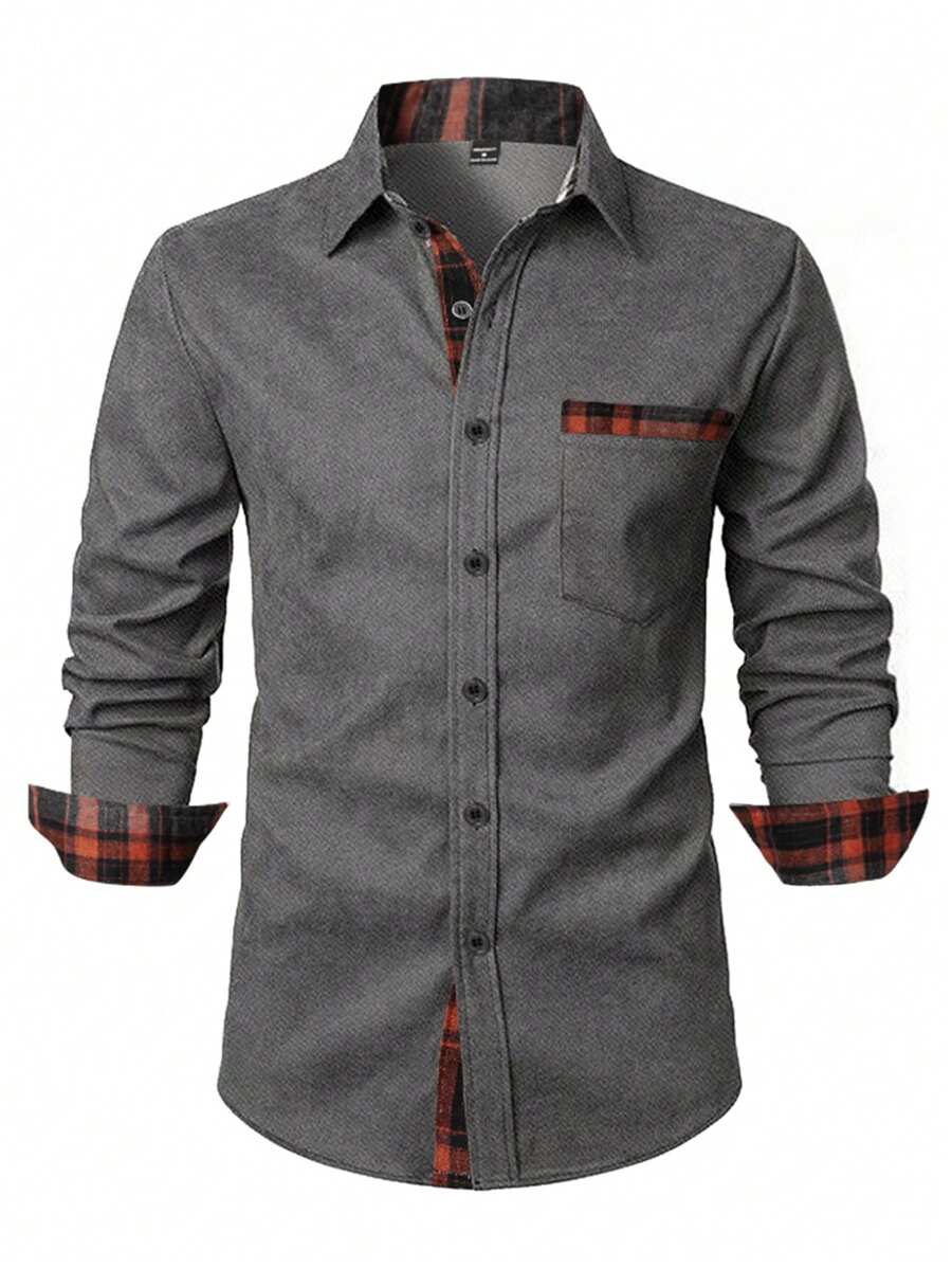 Manfinity Homme Camisa de manga larga a cuadros con parches y bolsillo para hombre, otoñal