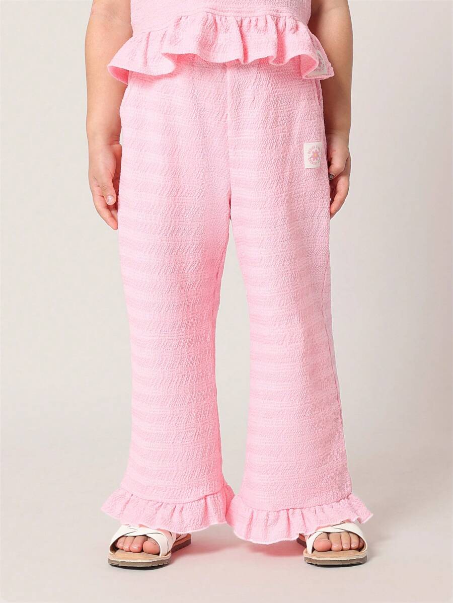 SUMWON Ruffle Hem Wide Leg Summer Beach Pants Girls' Casual Vacation Lounge Resort Wear Breathable Seersucker Fabric Holiday Fashion Bottoms