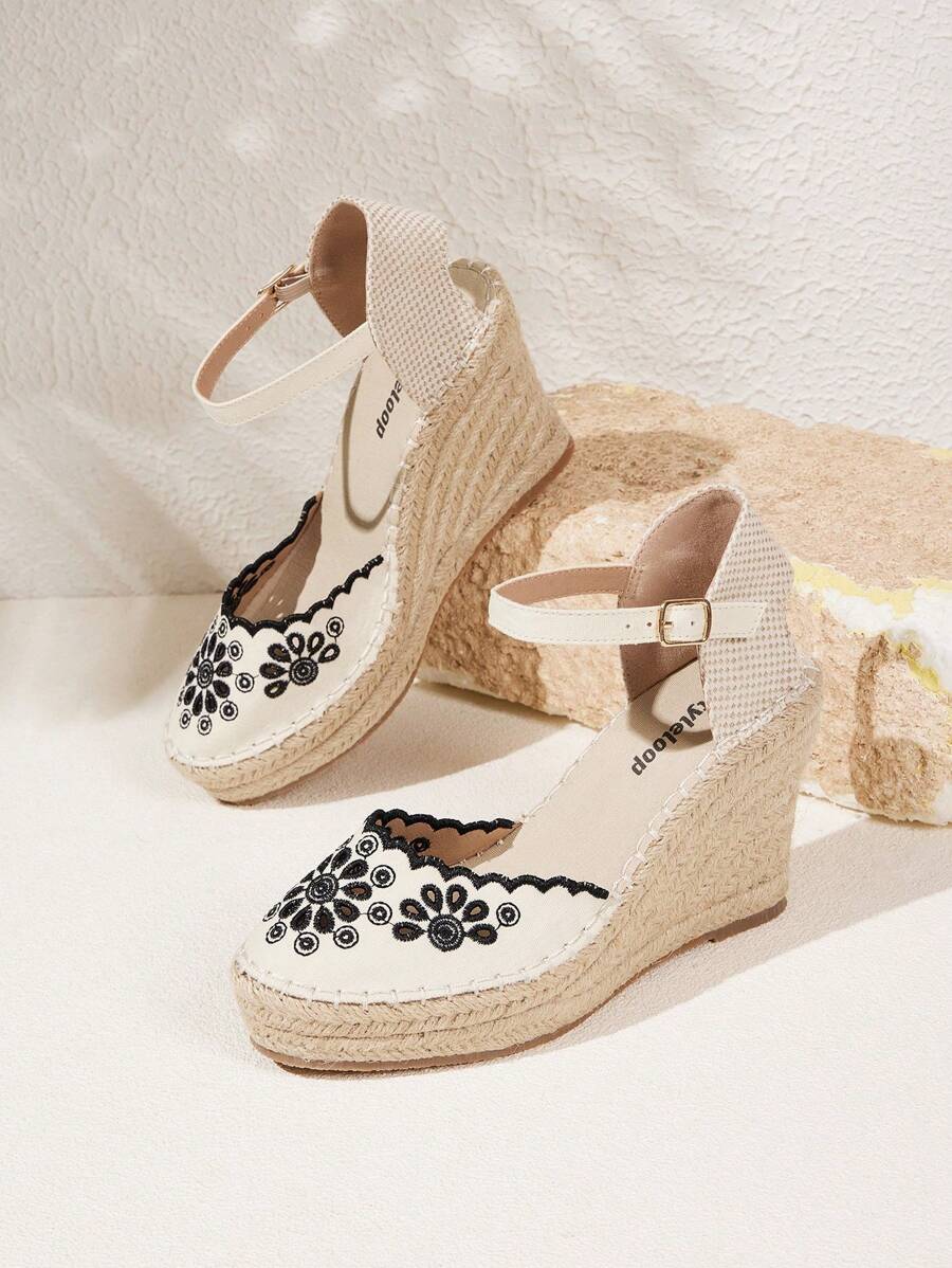Styleloop Simple Canvas Strap Shoes With Elastic Band, Back Zipper, Faux Leather Perforated Round Toe, White Straw Thick Platform Wedge Sandals For Women