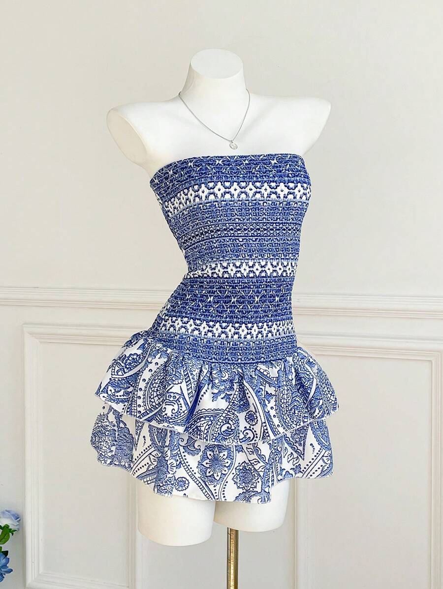 Elamini Vacation Casual Print Bandeau Dress
