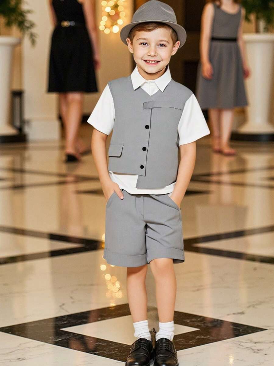 SHEIN 3 bucăți Tween Boy ținută la modă casual - Set vestă, cămașă și pantaloni scurți, potrivit pentru petreceri, evenimente și ieșiri în primăvară/vară