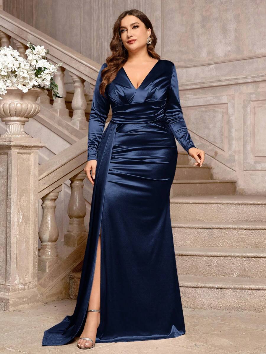 SHEIN Belle Robe de demoiselle d'honneur élégante en satin extensible avec encolure cache-cœur profondes, drapée sur le côté et fente haute pour grandes tailles