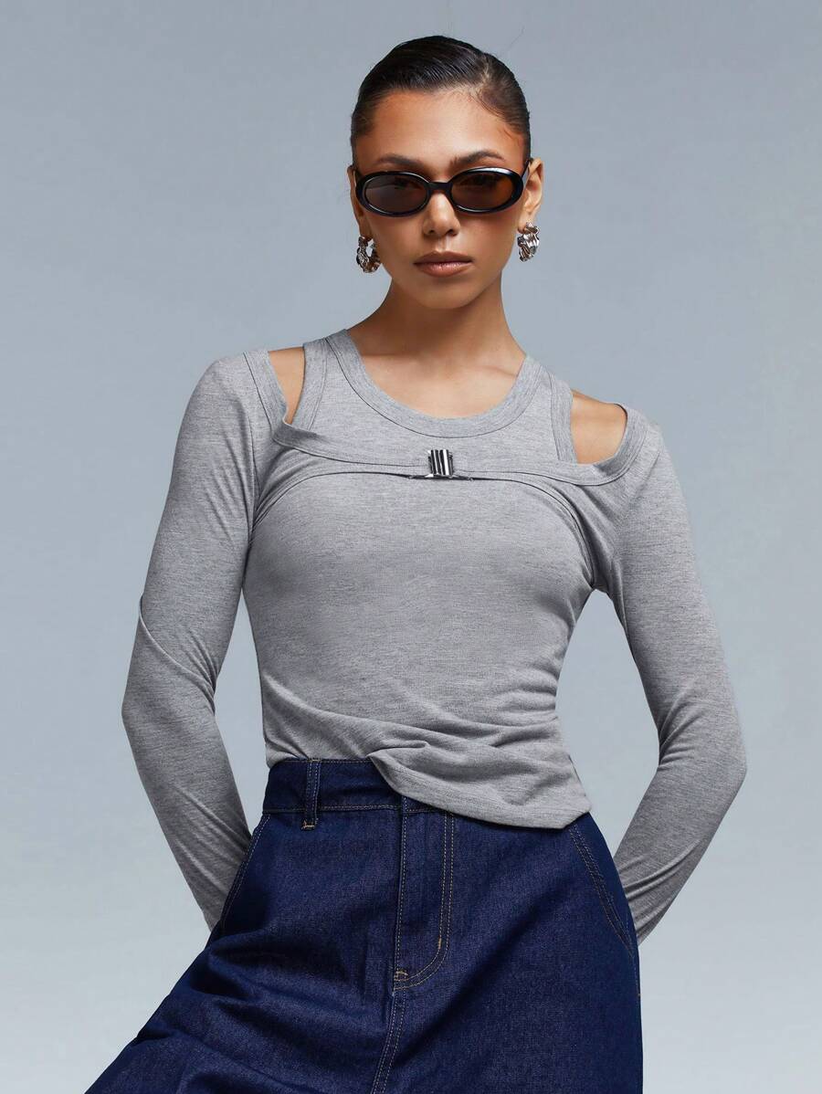 Athîral 1pc Women's Solid Color Long Sleeve Simple Casual T-Shirt For Everyday Wear