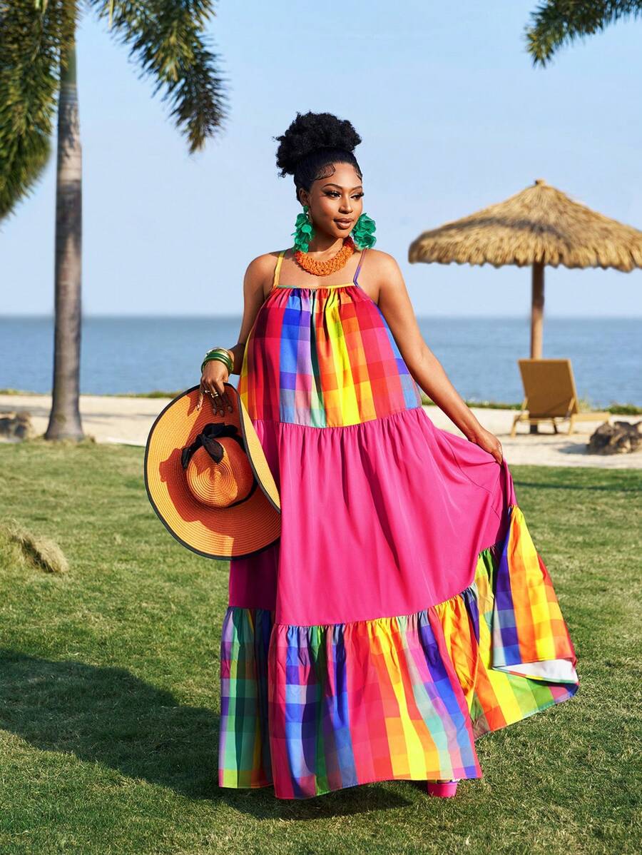 Slaydiva Plus Size 2025 New Vacation Casual Sleeveless Loose Solid/Rainbow Print Patchwork A-Line Dress For Summer