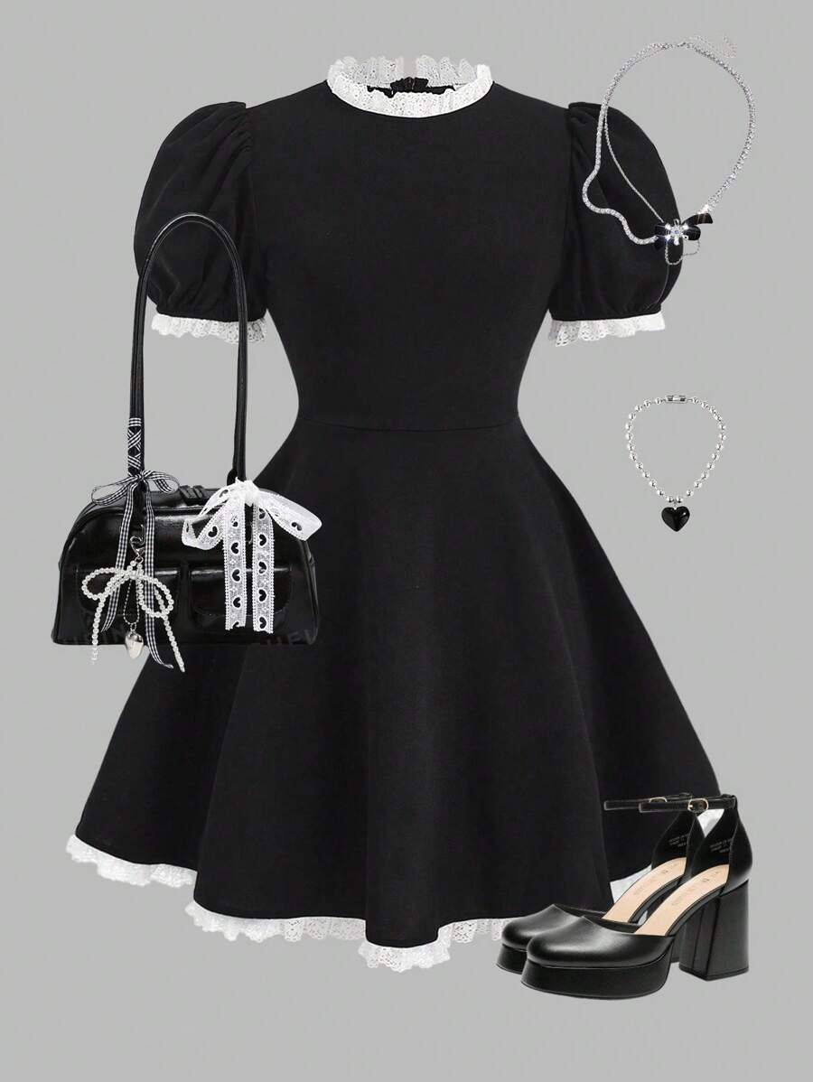 Girlism Vestido mini línea A de niña preadolescente con mangas abullonadas, adorno de encaje negro vintage, vestido elegante, vestido de fiesta, vestido negro pequeño