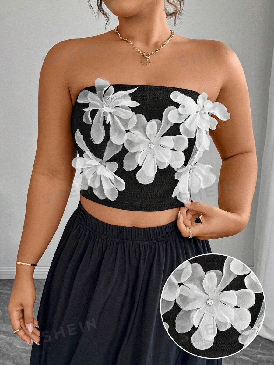Celure Top corto entallado de talla grande con diseño floral 3D para mujer en verano