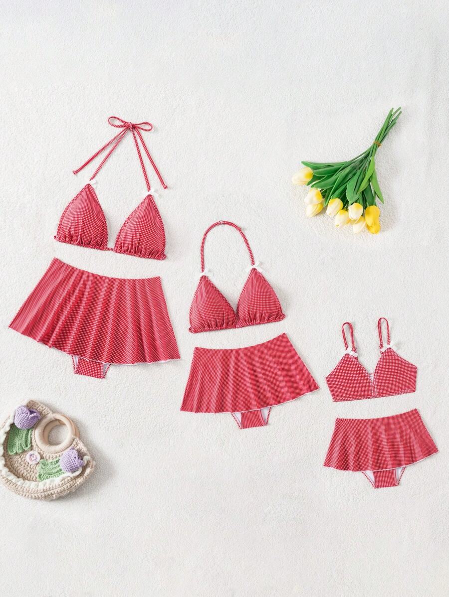 Tween Girls' Cute Plaid Bow Decor Holiday Bikini Set