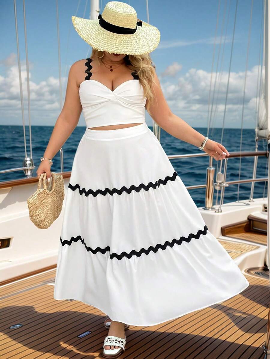 SHEIN VCAY Plus Size Black Wave Trim Twist Front Crop Top And Matching Black Wave Trim Loose A-Line Skirt, 2 Pieces Romantic Beach Outfit, Suitable For Valentine's Day, Western, Festival, Boho, Hippie, Cowgirl, Bohemian, Old Money, Summer, Beach, St. Patrick's Day
