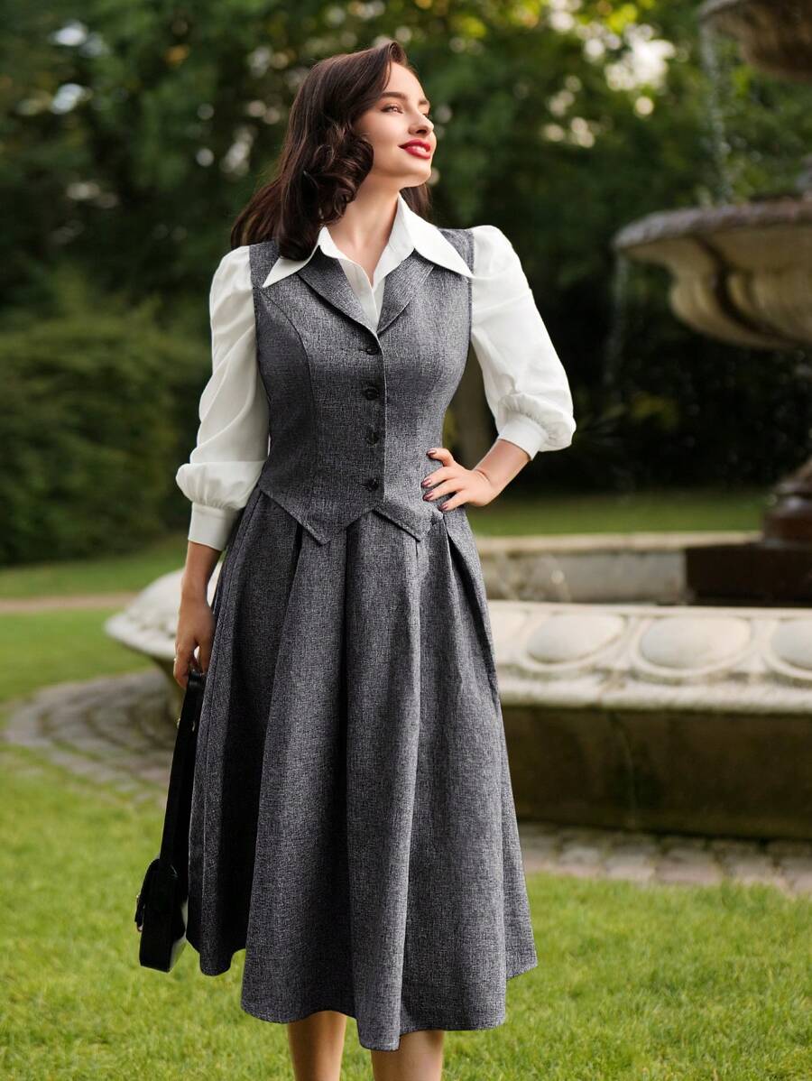 Vintamour 2 piezas Conjunto elegante vintage de mujer, chaleco ajustado y falda campana, conjunto de otoño/invierno para Día de Acción de Gracias, Año Nuevo