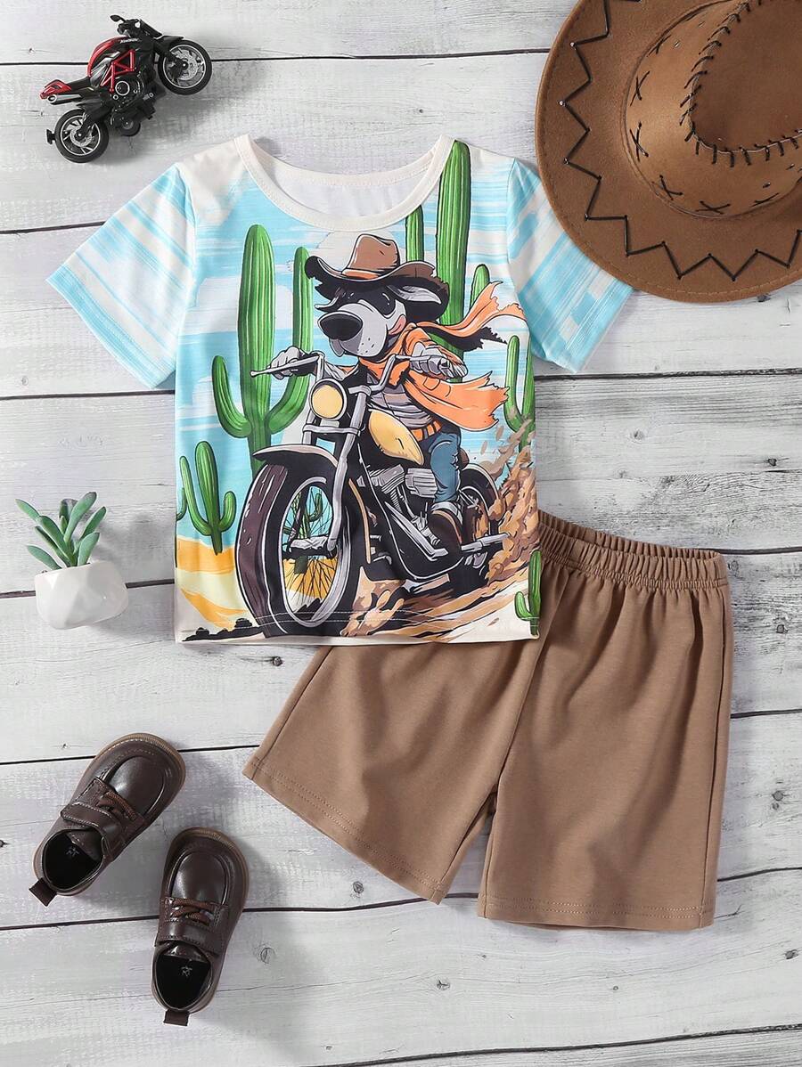 Conjunto de 2 piezas de camiseta con estampado de un perro montado en una motocicleta al estilo occidental + pantalón caqui para niños pequeños (talla pequeña), adecuado para uso diario, juego al aire libre y reuniones familiares, conjunto de verano para niños