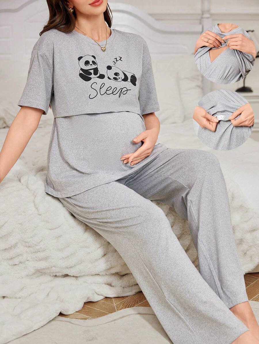 Conjunto de pijama de maternidad con estampado de panda, de manga corta y pantalones cortos