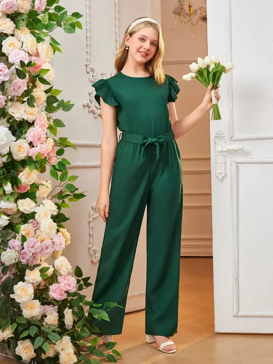 Teen Girl Solid Color Elegant Cap Sleeve Jumpsuit