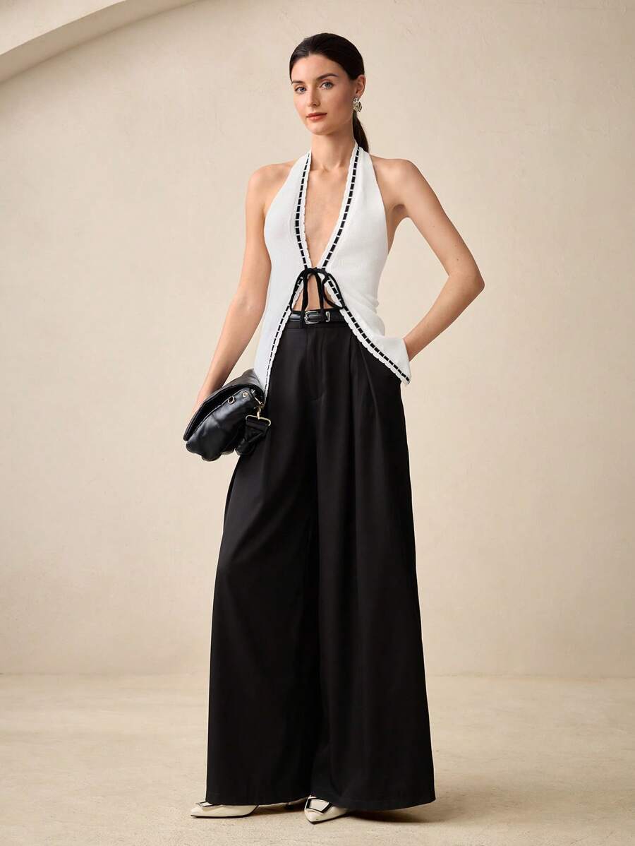 BizChic Women's Elegant Halter Neck Sleeveless Black Tie-Up Knit Vest Top, Spring & Summer