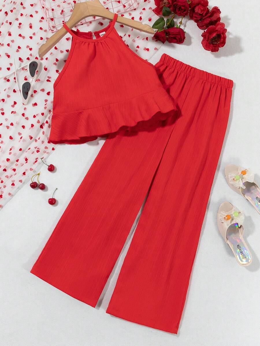 Conjunto de 2 piezas de pantalones y top halter de unicolor para niñas preadolescentes
