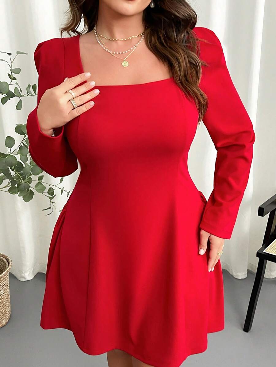 SHEIN Privé Robe moulante avec volants et manches longues, amour de la Saint-Valentin, soirée de rendez-vous élégante, mini-robe rouge unicolore en forme de A à manches bouffantes, sexy et gracieuse