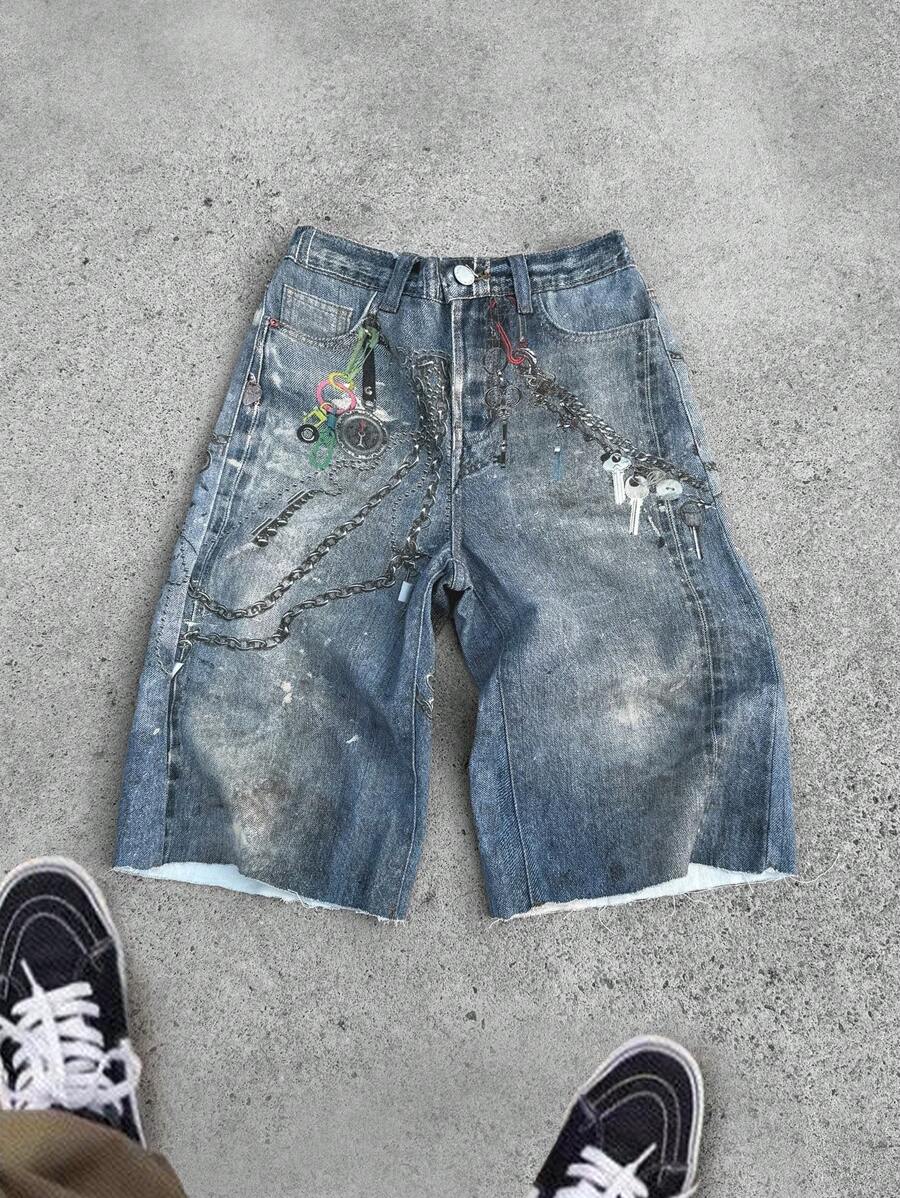 SHEIN Tween Boy Fashion Casual Y2k Cool Blue Denim Frill Hem Print Element Losse Denim Shorts Voor Jongenskostuum Dagelijkse Kleding En De Vier Seizoenen Kinderkleding