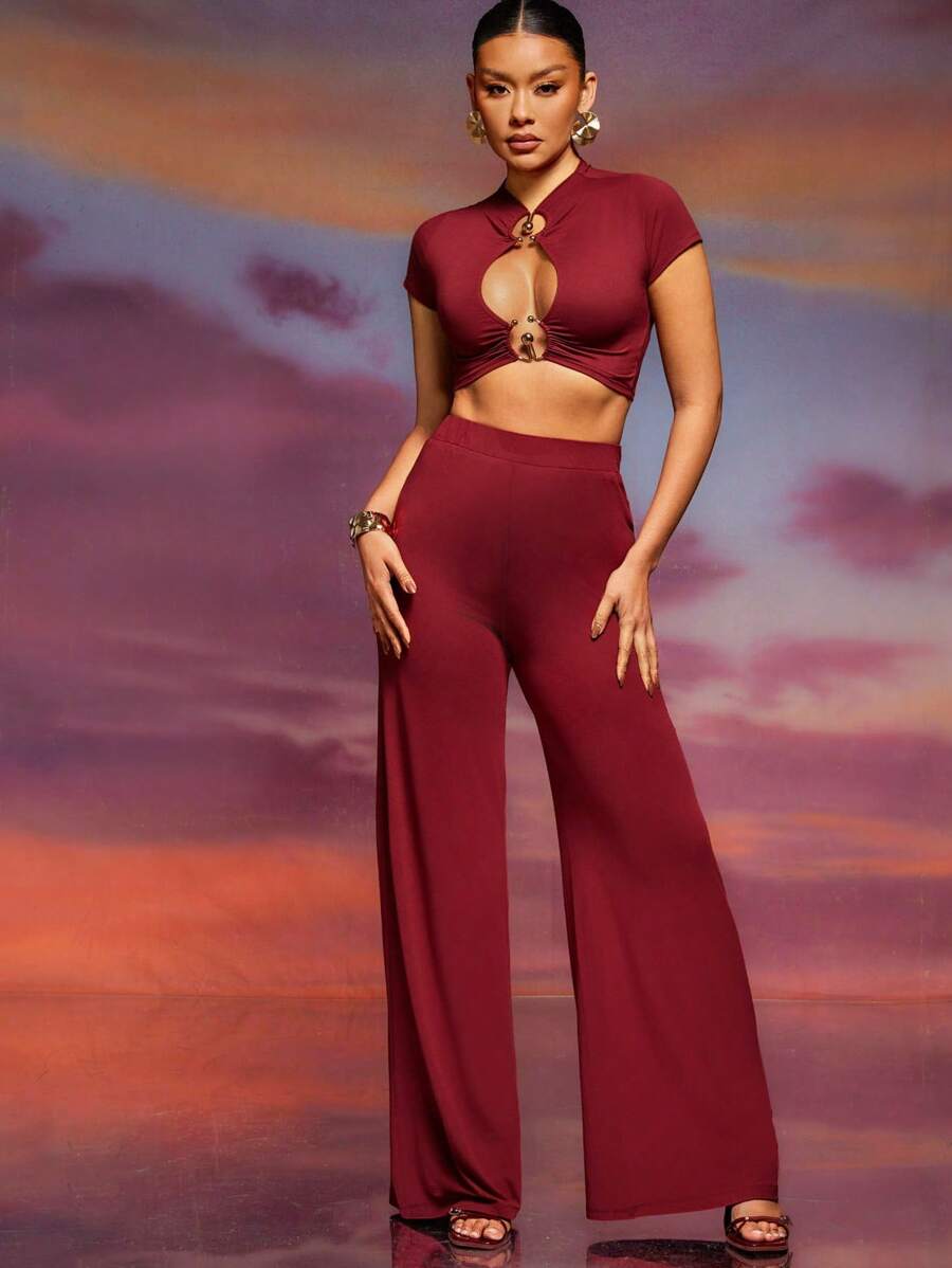 Hauture 2 Pcs Slinky Jersey Cut Out Mock Neck Top & Pants Set