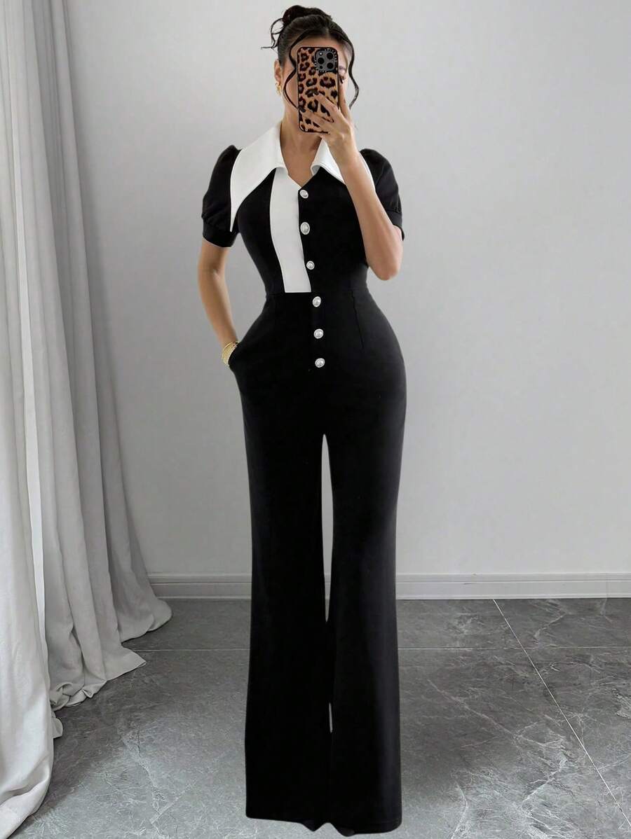 Gloray Women's Elegant Black & White Patchwork Exaggerated Collar Pearl Button Short Sleeve Jumpsuit