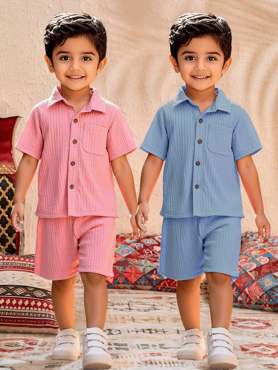 SHEIN 4pcs/Set Young Boy Casual Comfortable Pink & Blue Shirt And Shorts Outfit Sets, Siblings Matching Sets, Suitable For Kids Outfits, Back To School, Birthday Parties, Evening Events, Performances, Weddings, Baptisms, School Commencements. Suitable For Daily Wear, School, Travel, Sports, Styles, Spring, Summer