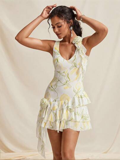 Becci Designer White And Yellow Lemon Printed Deep V Neckline Ruffled Mini Sun Dress With Flower Details For Spring And Summer, Wedding Festival, Tropical, Beach, For Women, Concert, Vacation, Boho, Concert Outfit, Prom Dress