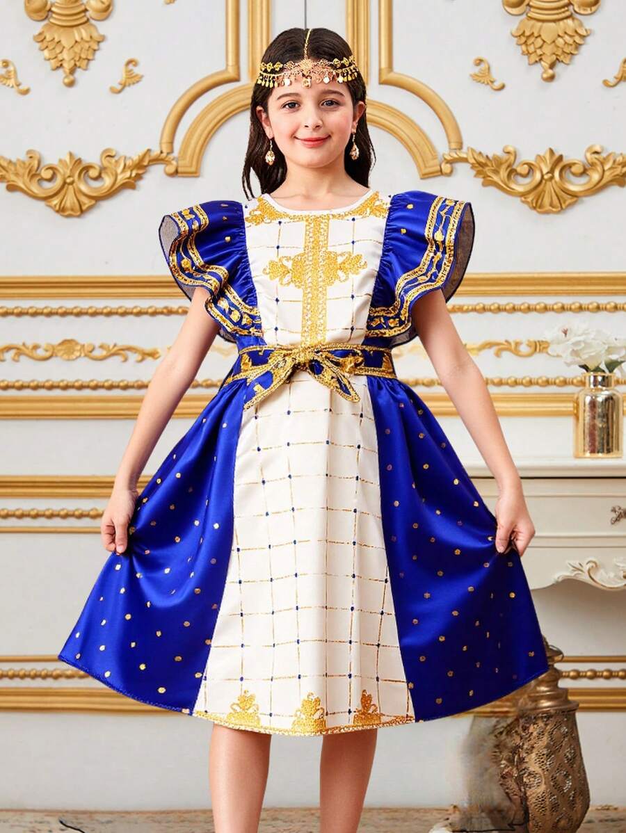 Vestido de mangas cortas con volantes y estampado geométrico tradicional para niña preadolescente, para usar en fiestas, festivales o Ramadán