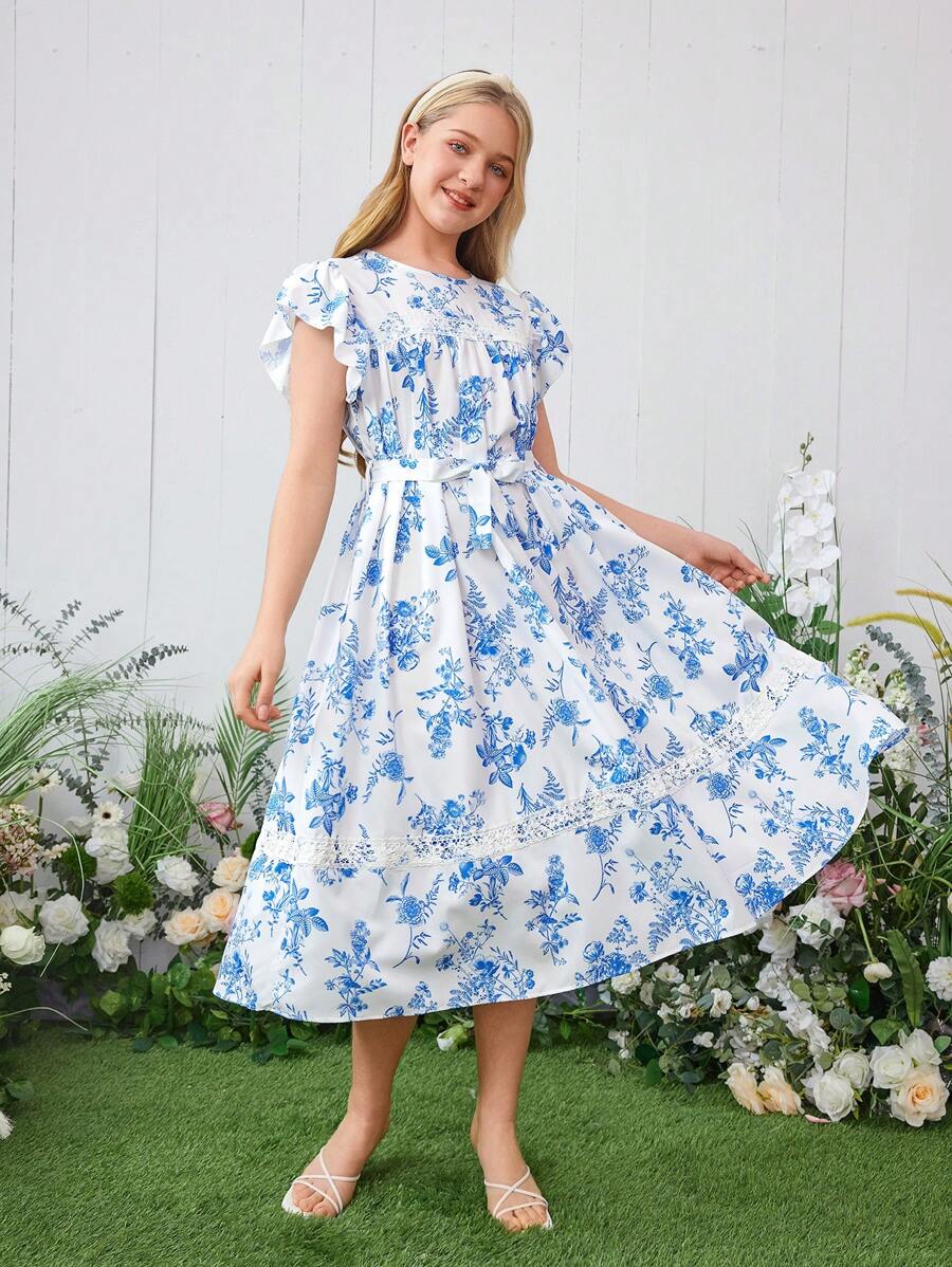 Elegante vestido para niñas adolescentes con estampado floral azul y encaje