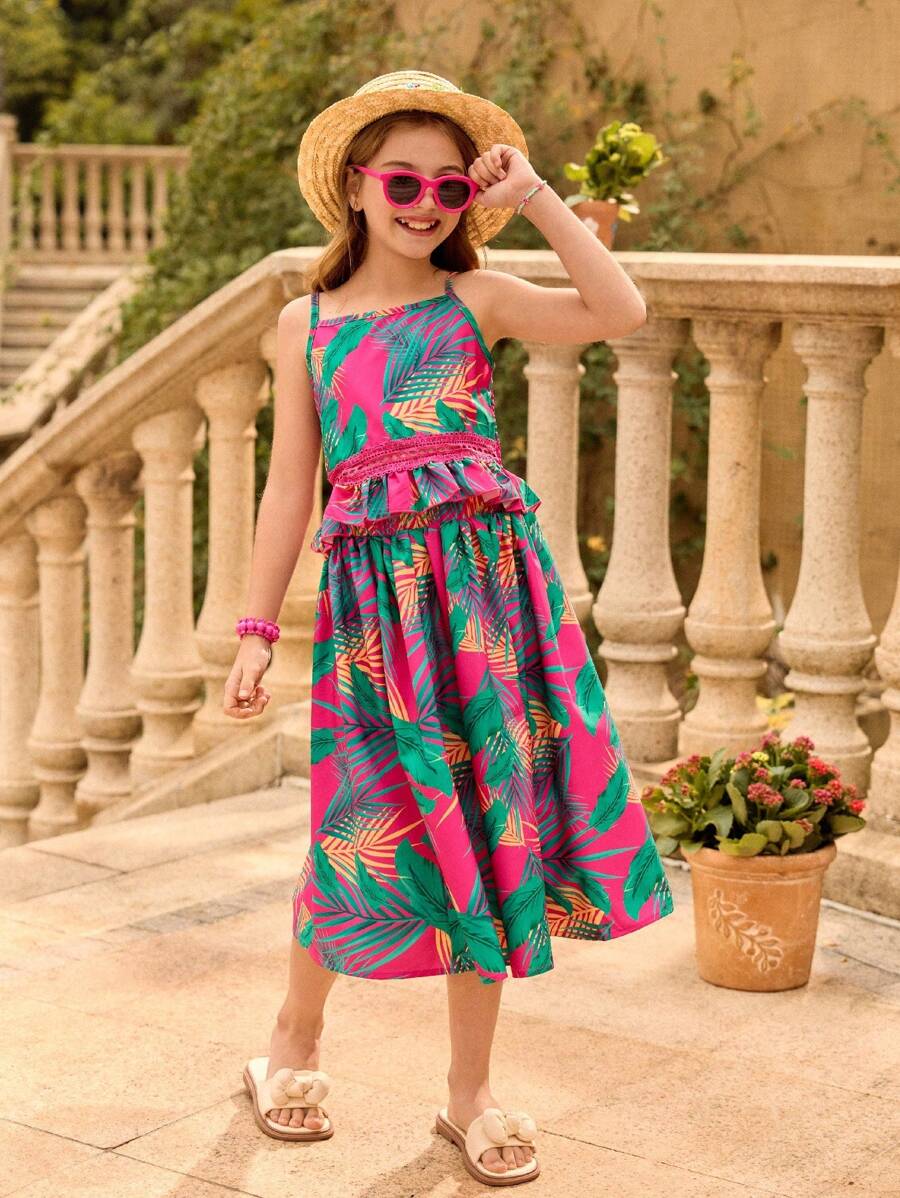 SHEIN Tween Girls Tropical Plant Printed Camisole Top & Matching Hollow-Out Skirt Set, Suitable For Beach Holiday Resort Wear