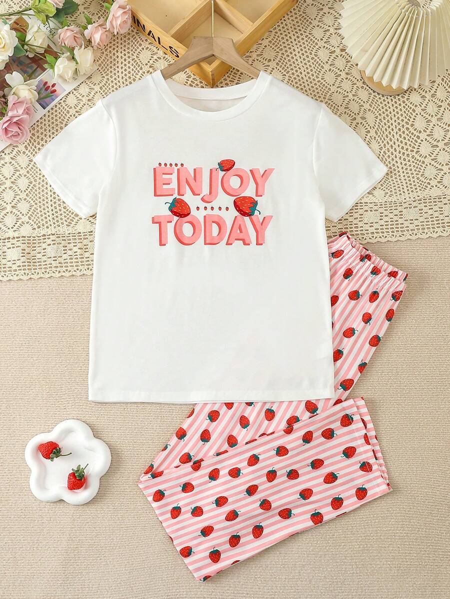 2pcs/Set Teen Girls Cute Sweet Strawberry Striped Print White Short Sleeve Top & Pants Set, Comfortable Crew Neck Summer/Spring Loungewear